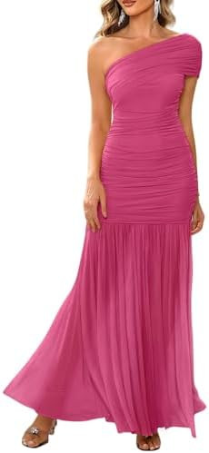 LAGSHIAN Women's Elegant Formal Long Dress One Shoulder Sleeveless Ruched Bodycon Evening Dress | Amazon (US)
