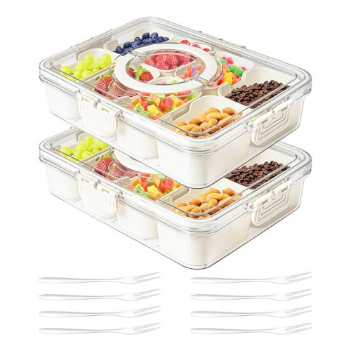 Dunruz Snackle Box Container,Portable Snack Box 8 Compartment Divided Serving Tray with Lid,Clear Storage Organizer for Fruit Candy Nuts Veggie-Perfect for Road Travel Party (2 Pack-8 Compartments) | Amazon (US)