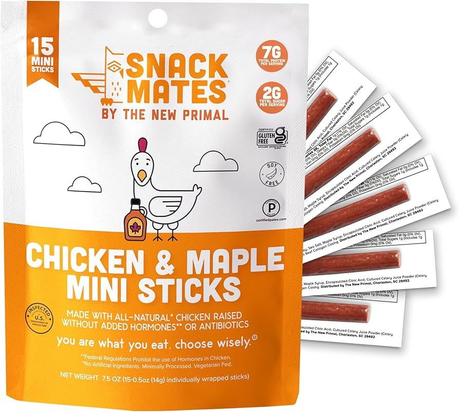 The New Primal Snack Mates Chicken & Maple Sticks, Gluten Free Healthy Snacks for Kids, Low Sugar High Protein Back to School Snacks, Mini Paleo Jerky Meat Stick, 7g Protein, 50 Calories, 15 Pack | Amazon (US)