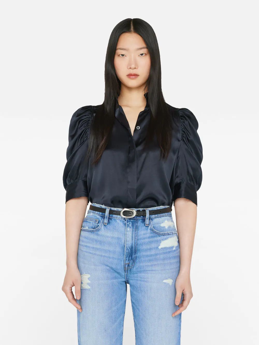 This shirred-shoulder top in shiny silk charmeuse epitomizes modern femininity, from the high nec... | Frame Denim