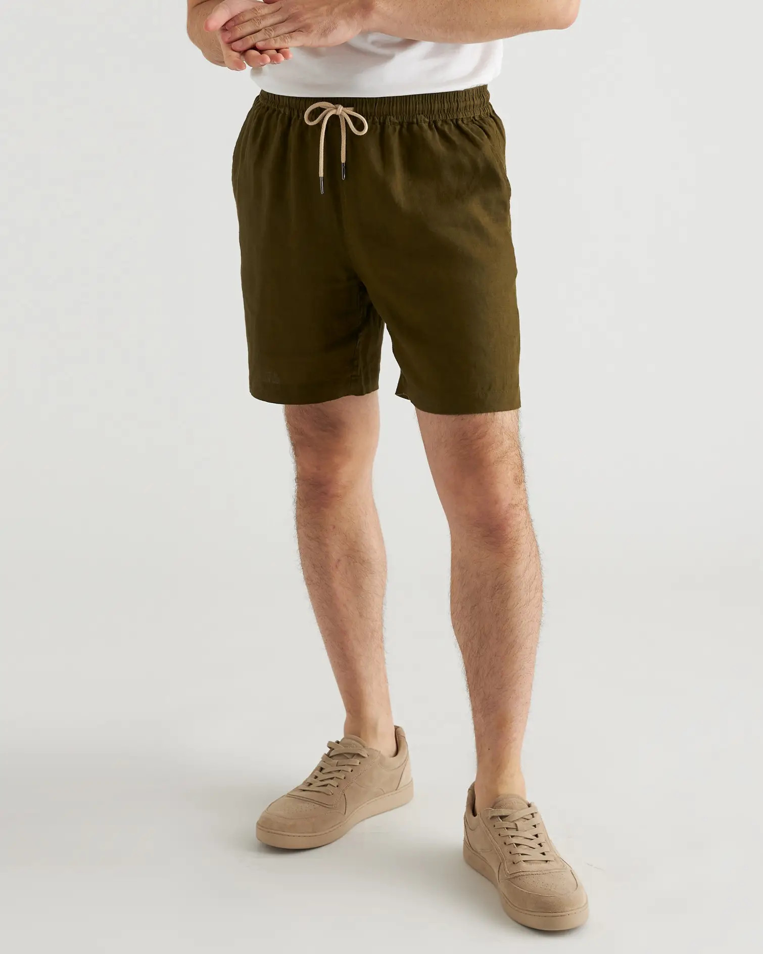 100% European Linen 7" Drawstring Beach Shorts in Martini Olive | Quince