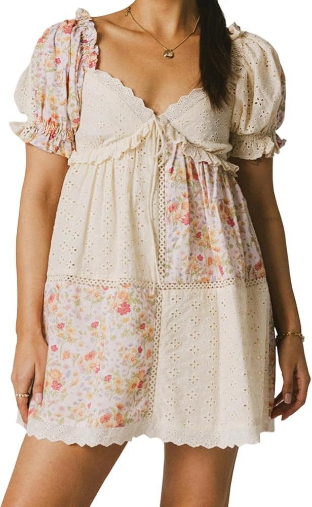 Women Y2k Floral Mini Dress Short Puff Sleeve Ruffle Dress Cute Flowy Babydoll Sundress Going Out... | Amazon (US)