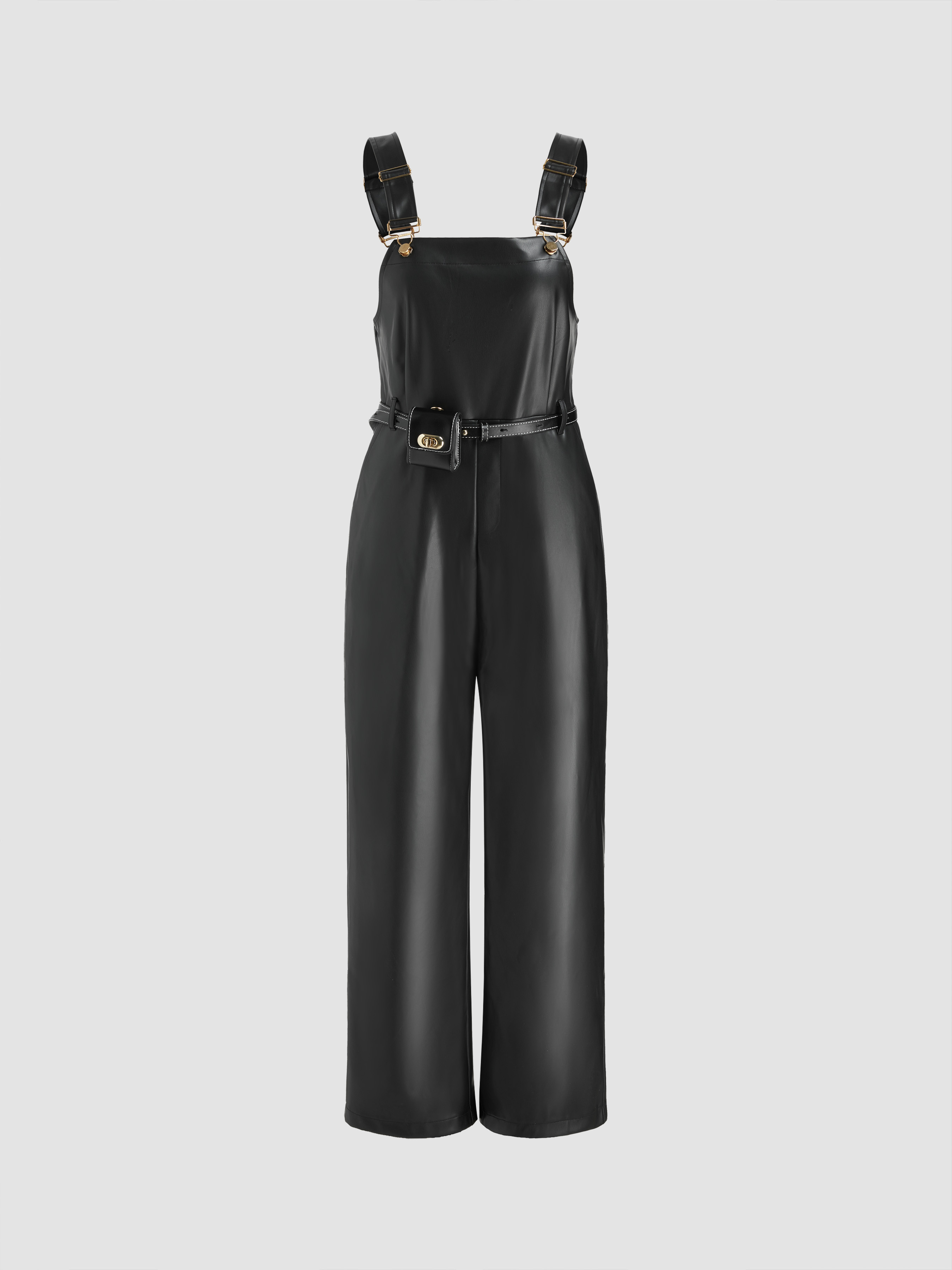 Faux Leather Faux Leather Solid Button Jumpsuit With Belt Bag For Daily Casual Coffee Shop | Cider