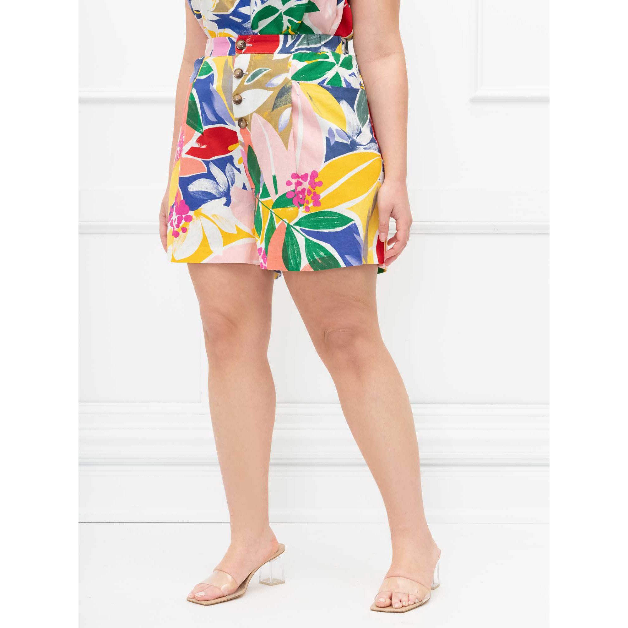 ELOQUII Elements Women's Plus Size Paradiso Print Linen Button Front Shorts | Walmart (US)