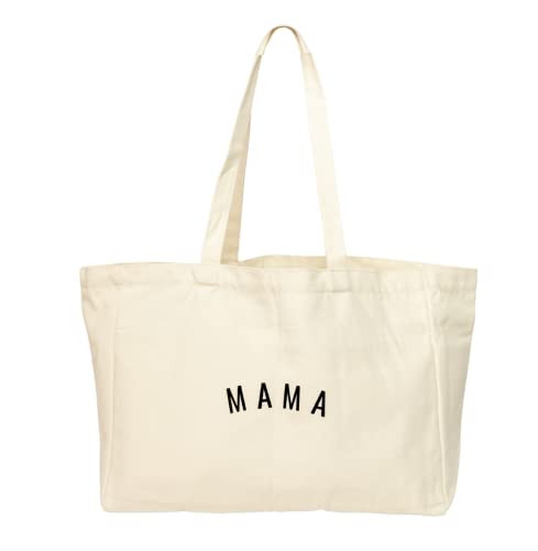 Sunflower Motherhood Mama Canvas Tote Bag With Six Pocket Organization - Cute Tote Bags For Baby Shower Gifts For Mom - Mommy Bag for Hospital or Diaper Bag, Natural | Amazon (US)