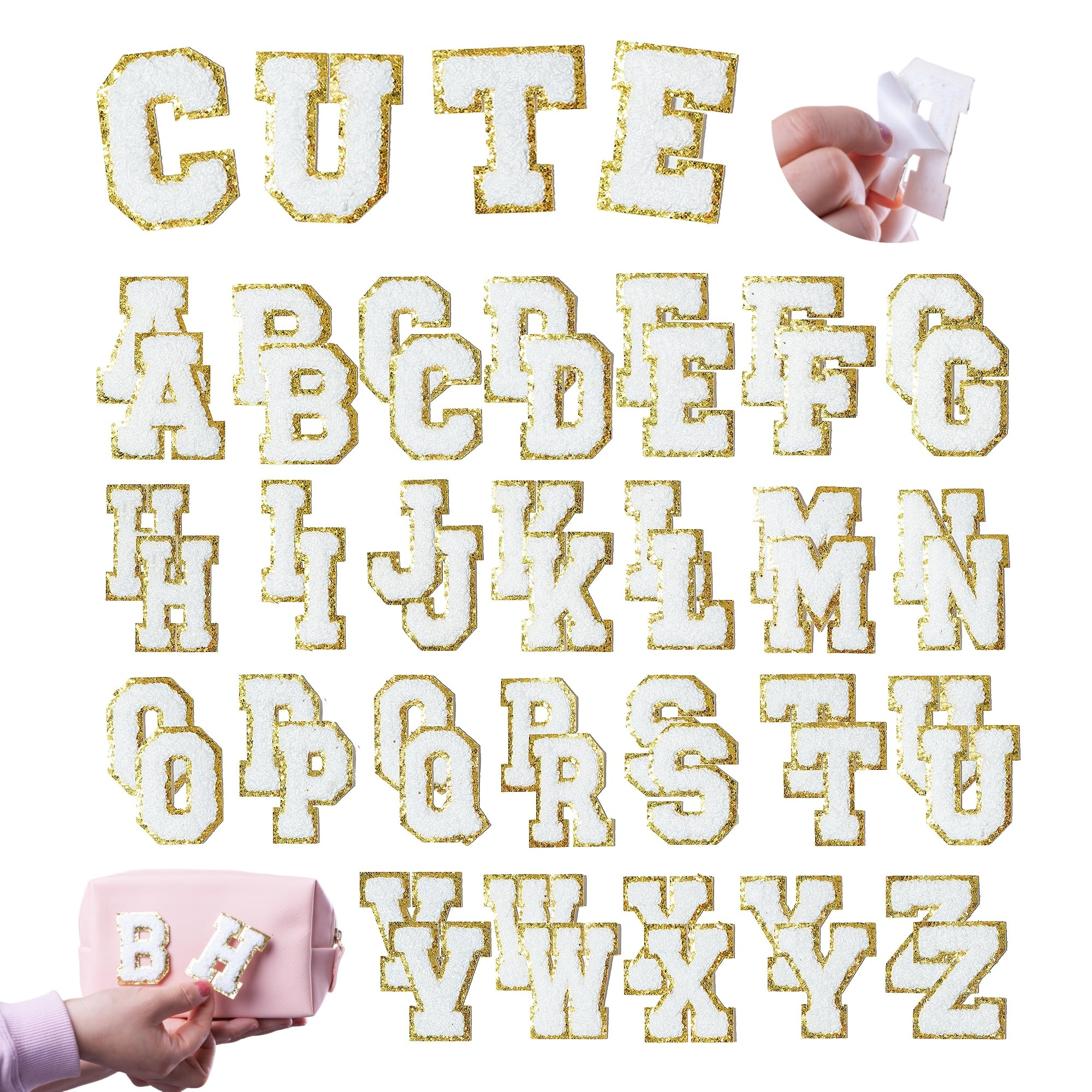 52PCS White Chenille Letter Patches with Gold Trim - Varsity Style Self Adhesive Appliques for Ja... | Amazon (US)
