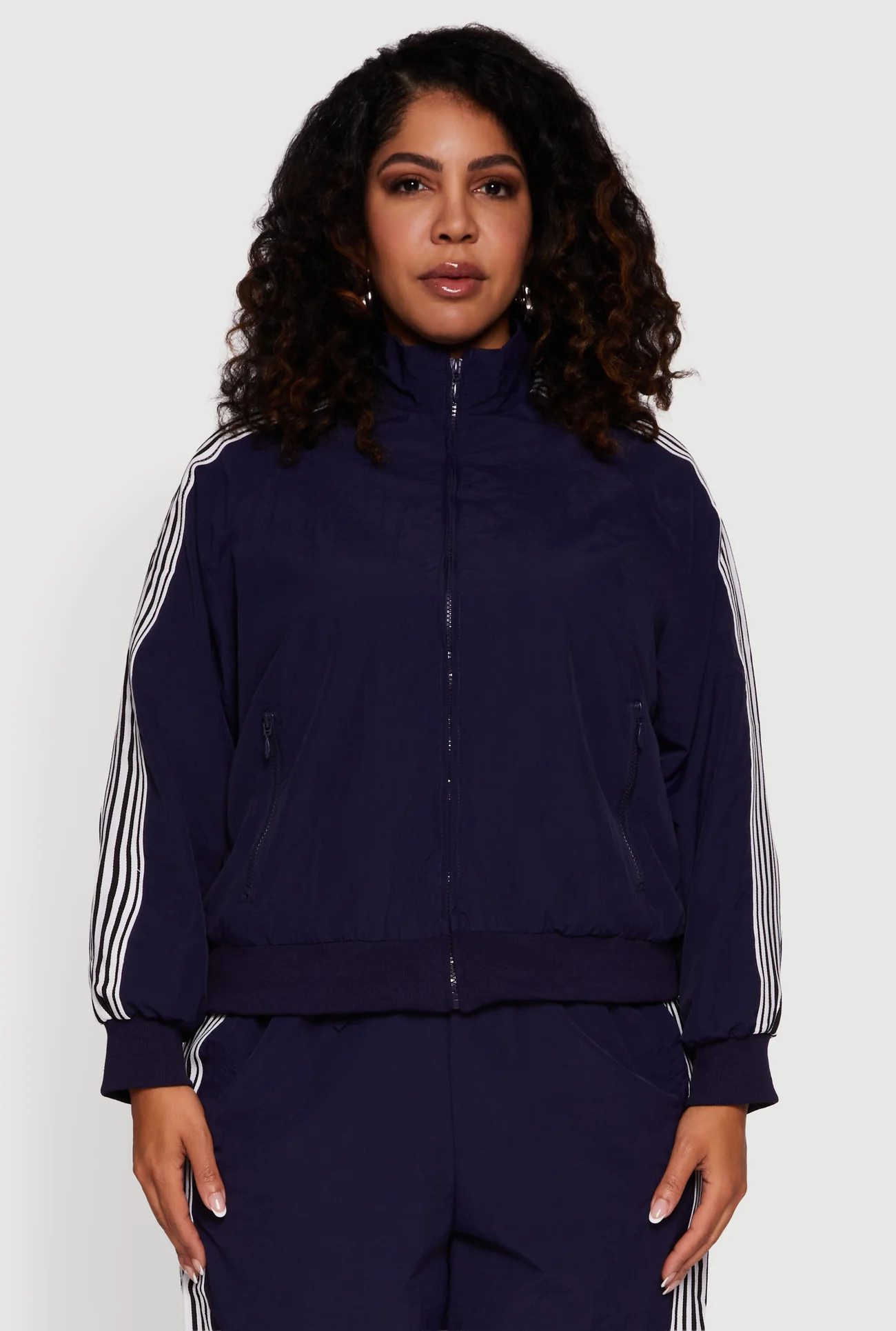 Plus Size Side Striped Nylon Mock Neck Jacket | Rainbow Shops