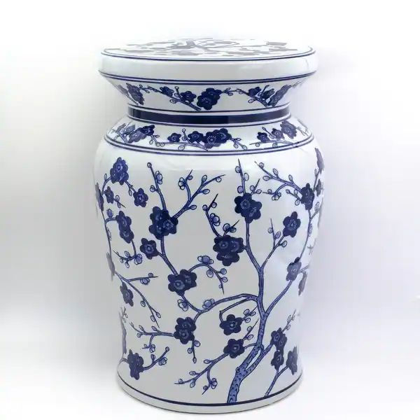 ClayBarn Blue Garden Porcelain 18" White Cherry Blossom Podium Stool | Bed Bath & Beyond