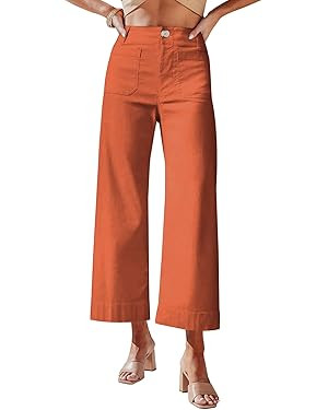 miduo Womens High Waisted Cropped Wide Leg Stretchy Straight Pants Trousers with Pockets | Amazon (US)