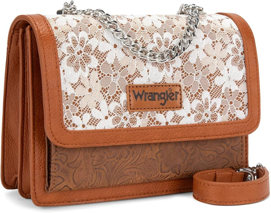 Wrangler Flap Shoulder Bag for Women Vintage Floral Tooled Crossbody Purse with Chain Strap | Amazon (US)