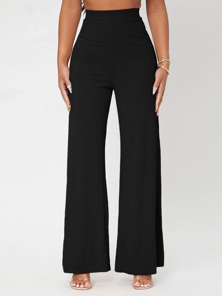 SHEIN PETITE Solid Rib-knit Wide Leg Pants | SHEIN