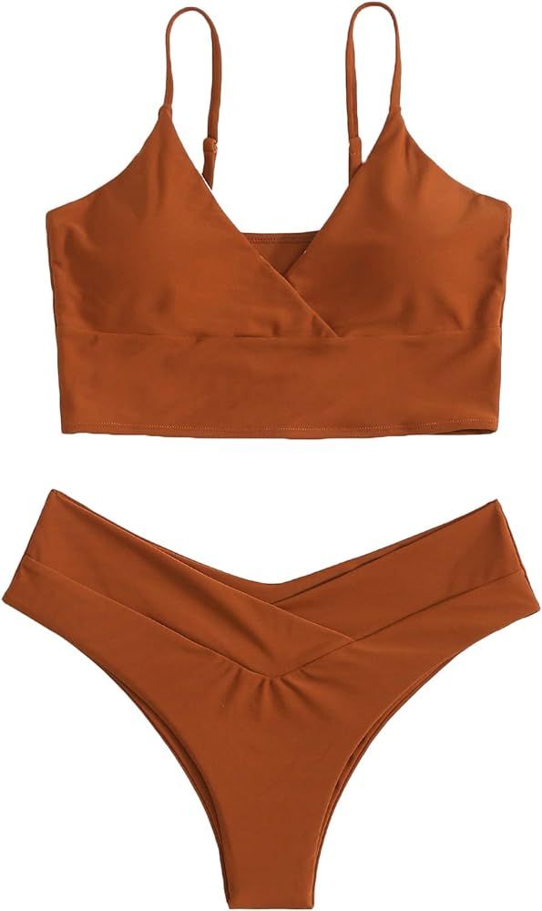 SheIn Women's Sleeveless V Neck Swimsuit Wrap Wireless Bra and Panty Bikini Beach Wear | Amazon (US)