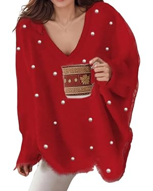 Womens Fuzzy Oversized V Neck Pearl Embellished Pullover Sweater Casual Loose 2024 Trendy Dressy ... | Amazon (US)