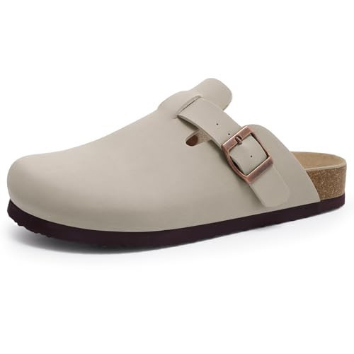 KIDMI Unisex Vegan Suede Clogs Leather Mules Womens Mens Cork Footbed Potato Shoes with Arch Support, Stone, Size 39 | Amazon (US)