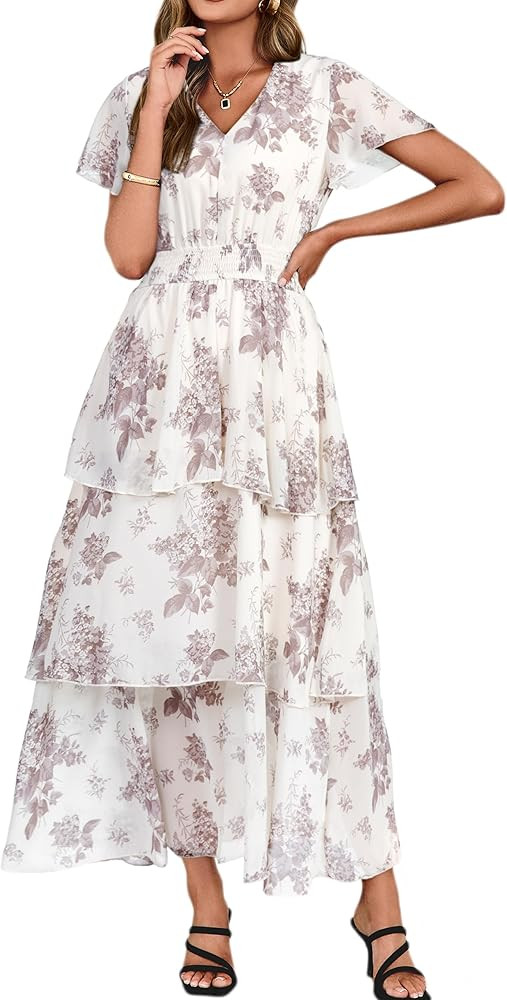Simplee Women Floral Summer Maxi Dress Boho Flowy Ruffle Tiered Short Sleeves V Neck Long Wedding... | Amazon (US)