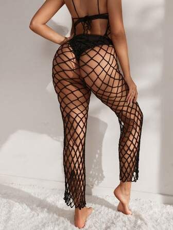 SHEIN Swim BAE Hollow Out Fishnet Tie Back Cover Up Jumpsuit Without Lingerie Set | SHEIN