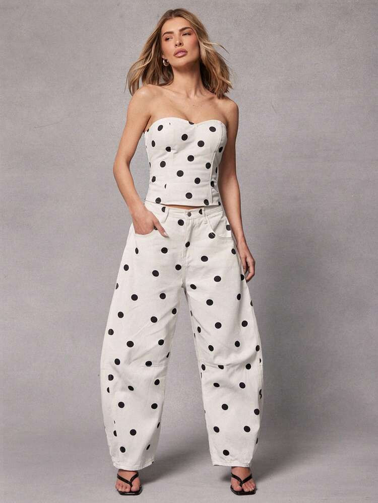 LocalHauture Women's Polka Dot Pattern Pocket Loose Fit Flared Jeans | SHEIN