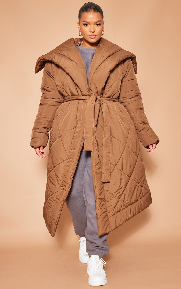 Plus Brown Oversized Statement Collar Maxi Belted Puffer | PrettyLittleThing US