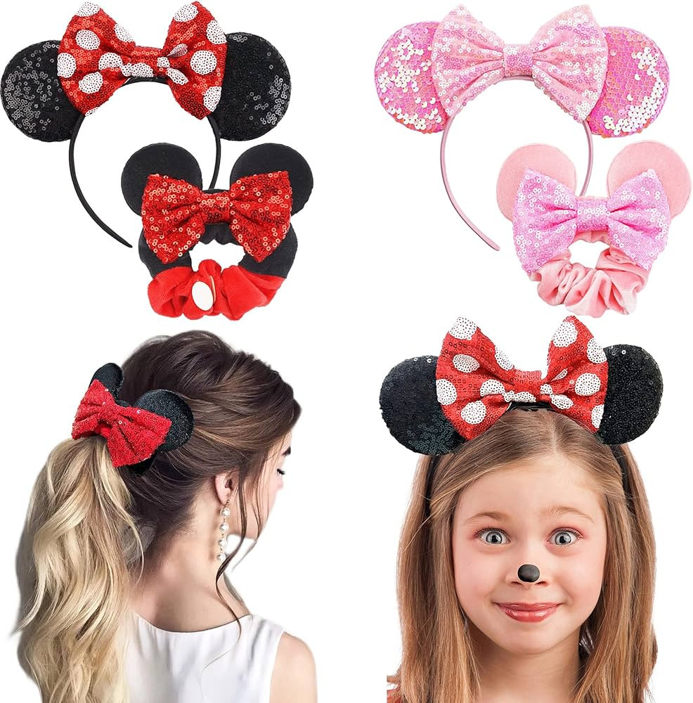 2Pcs Shiny Mouse Ears Headband an2Pcs Sequin Mouse Ears Velvet Scrunchies with Bow Hairs Accessor... | Amazon (US)