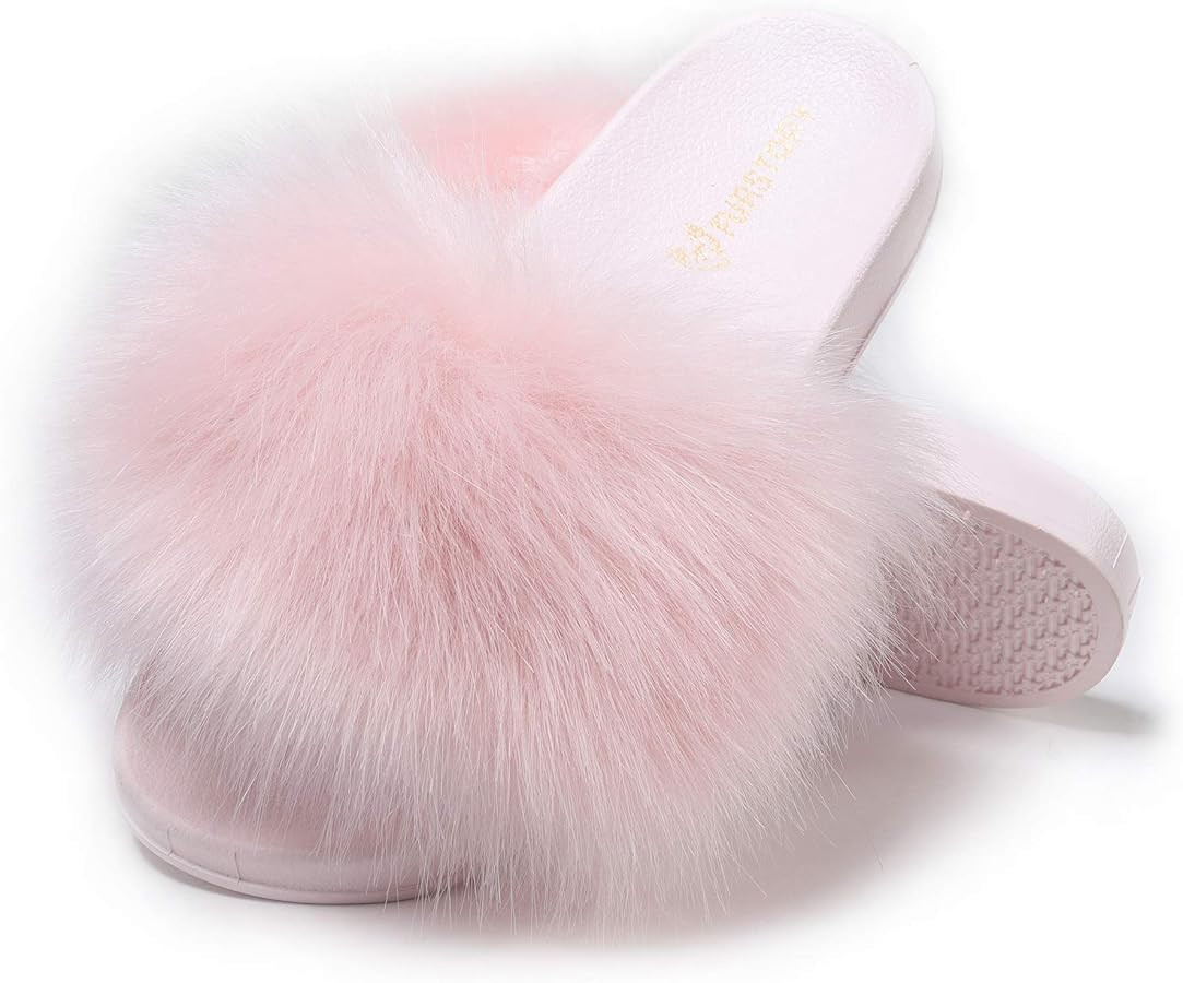 Women's Furry Slides Faux Fur Slides Fuzzy Slippers Fluffy Sandals Outdoor Indoor | Amazon (US)