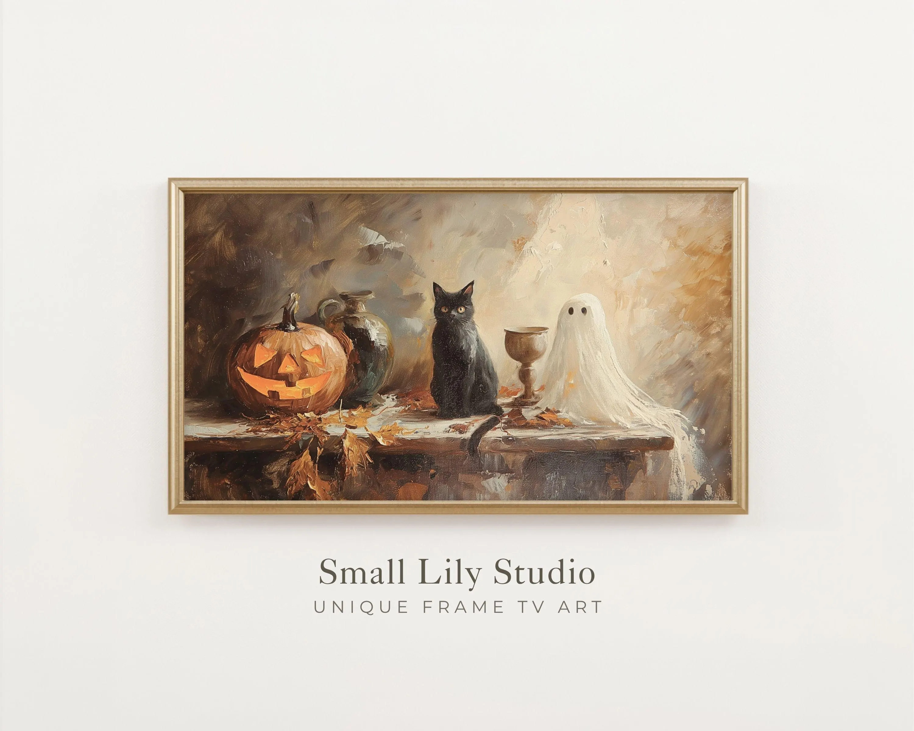 Halloween FRAME TV art Ghost Black Cat and Pumpkin, Fall Halloween Samsung Frame tv art spooky vintage style textured oil painting | TV366 | Etsy (Global)
