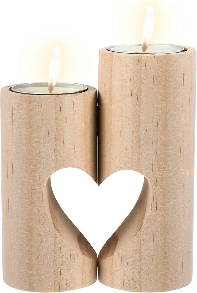 Set of 2 Wooden Heart Candle Tealight Holder Valentine's Day Candle Holder Romantic Decorative Wo... | Amazon (US)