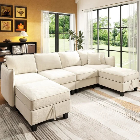 BedLuxury 112" Modular Sectional Sofa with 2 Moveable Storage Ottoman, Cloud Couch Seats 6, Moder... | Walmart (US)