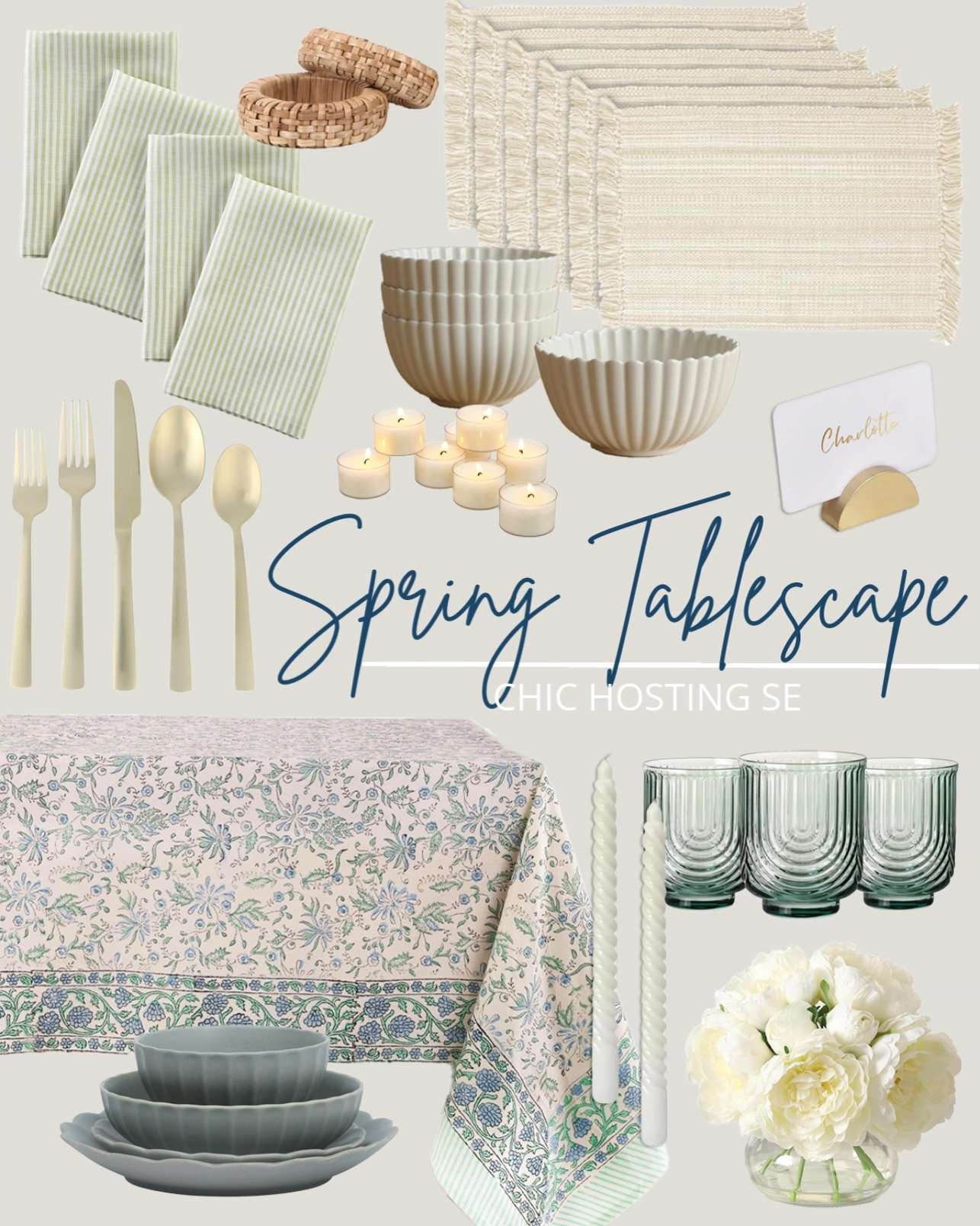 This spring tablescape feels fresh, layered, and so easy to pull together for casual hosting. Shop all the pieces here.
artificial silk peony, linen cloth napkins, vintage glassware, jute napkin ring, off-white placemat, scallop ceramic plates and bowls, flower-shaped daisy bowls, stainless steel utensils, hand block floral table cloth, unscented smokeless candle, spiral taper candles, birch wood card holder 

 #LTKHome