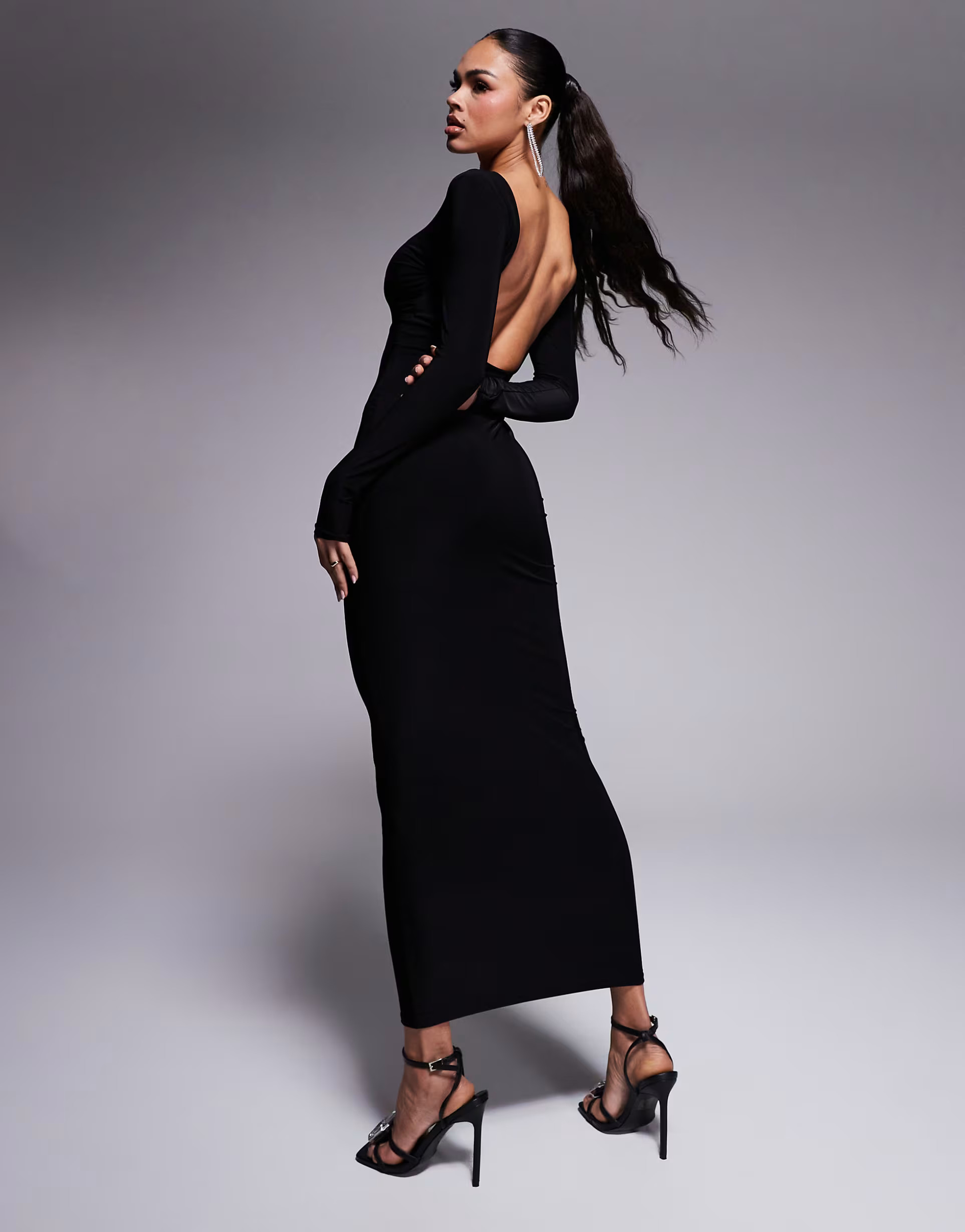 Kaiia exclusive slinky low back long sleeve maxi dress in black  | ASOS | ASOS (Global)