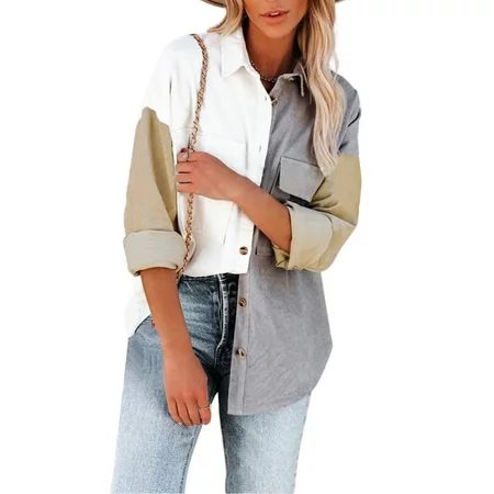 Inevnen Womens Corduroy Button Down Shirt Long Sleeve Casual Jacket Tops Colorblock Shacket | Walmart (US)