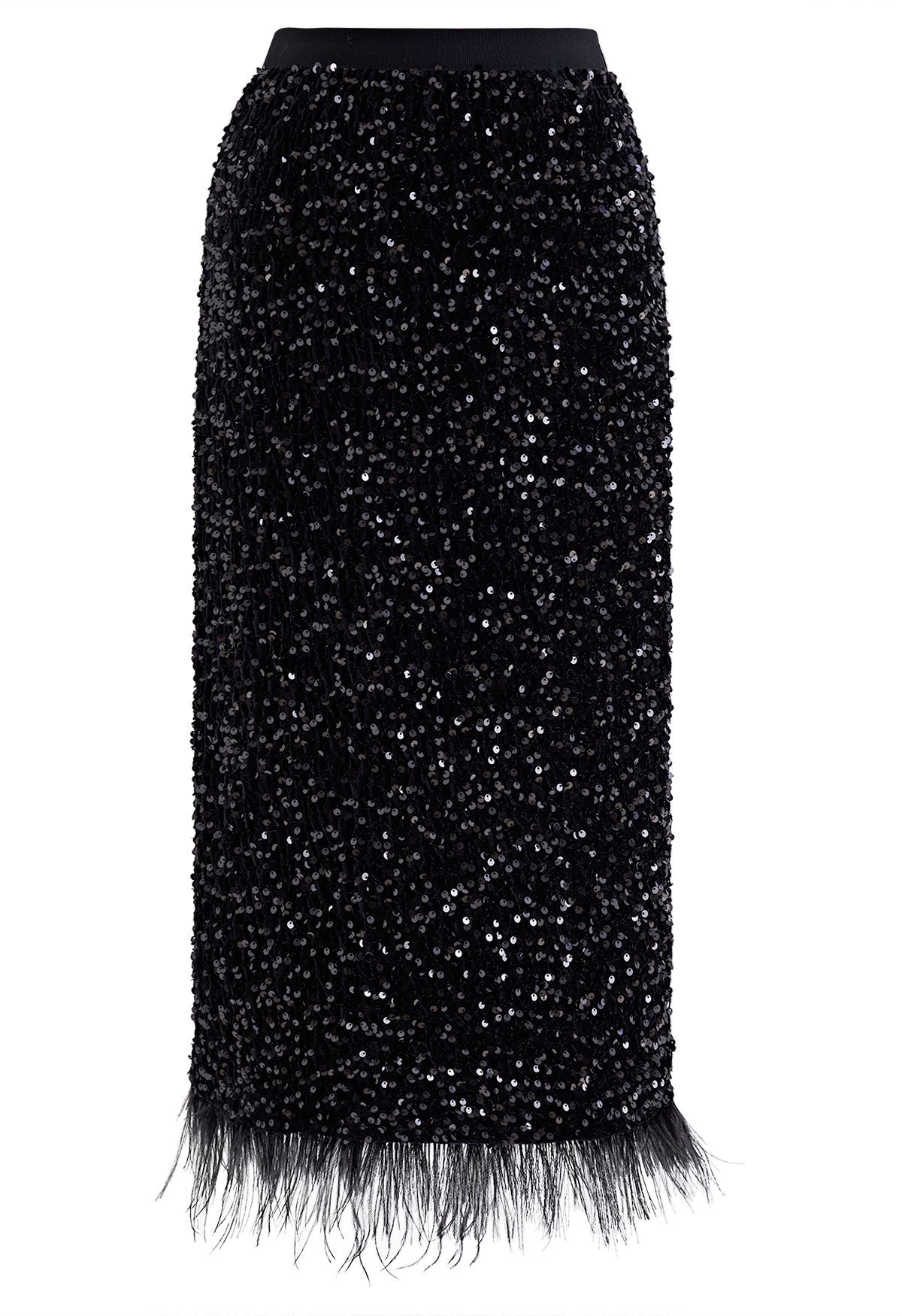Velvet Sequined Feathered Hem Pencil Skirt in Black | Chicwish