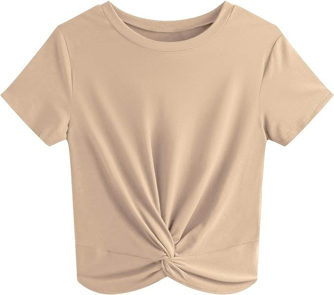 JINKESI Women's Summer Causal Short Sleeve Blouse Round Neck Crop Tops Twist Front Tee T-Shirt | Amazon (US)