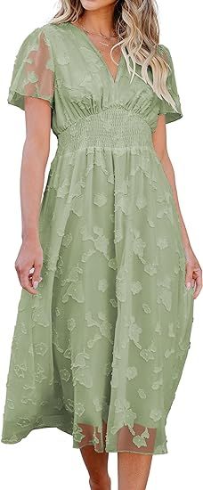 Angashion Women Summer Midi Dress - Casual Short Sleeve Trendy Floral Textured V Neck Elastic Wai... | Amazon (US)