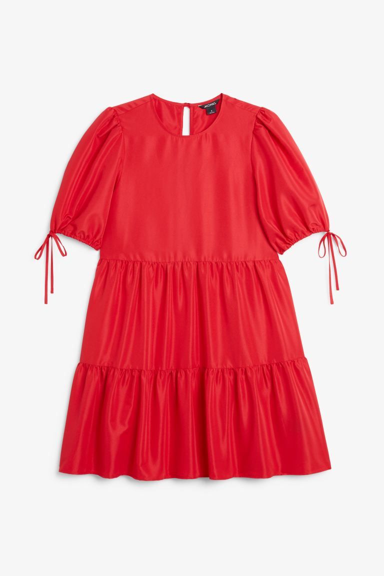 Frilled puff sleeve midi dress - Bright red - Ladies | H&M GB | H&M (UK, MY, IN, SG, PH, TW, HK)