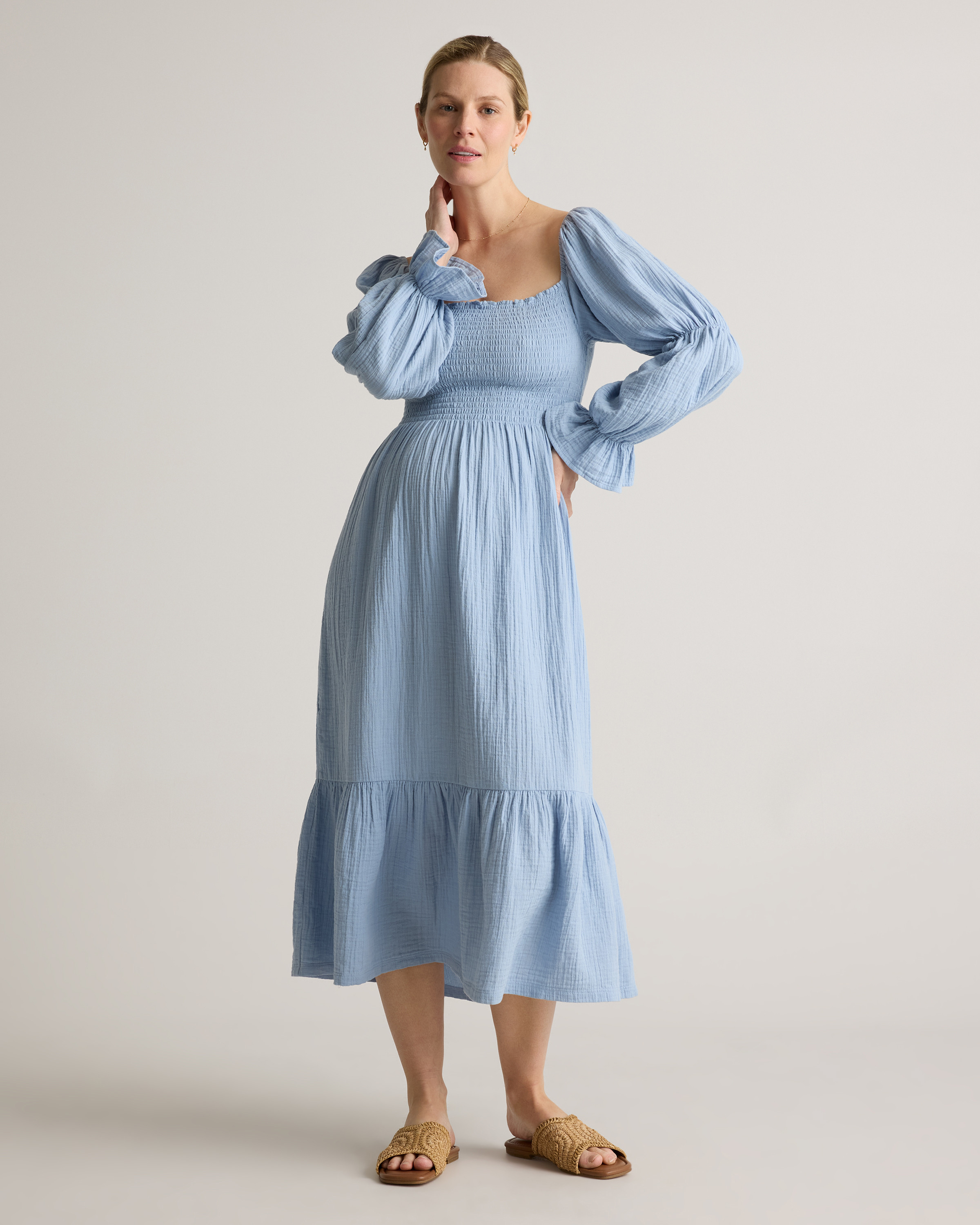 Quince | Women's Gauze Maternity Smocked Ruffle Hem Midi Dress in Toasted Coconut, Size Small, Organic Cotton | Quince