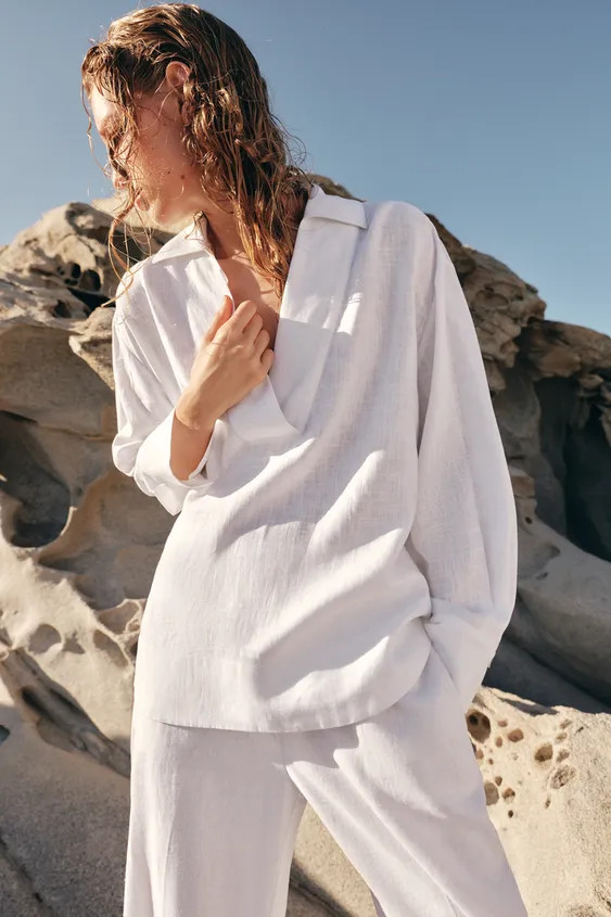 LINEN BLEND BLOUSE WITH POLO COLLAR | Zara UK