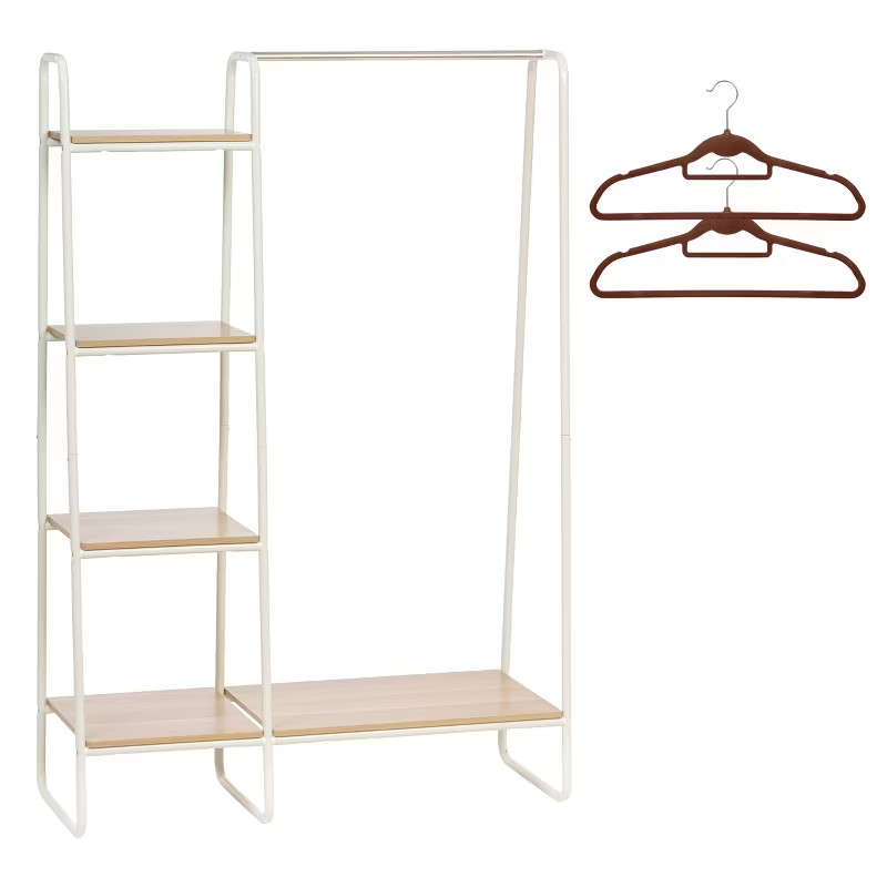 IRIS Metal Garment Rack with Wood Shelves White and Light Brown includes 2 Hangers | Target