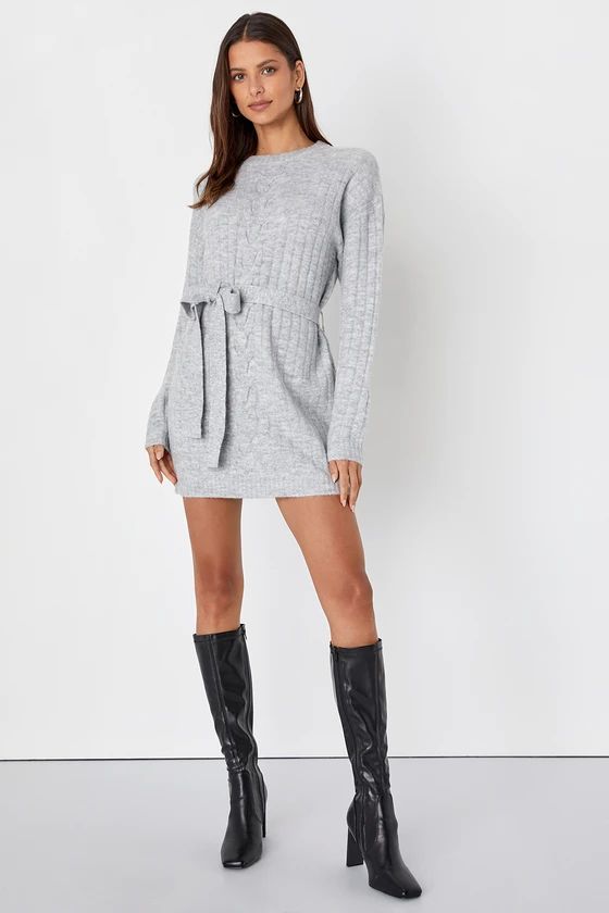Wishing on Winter Heather Grey Cable Knit Mini Sweater Dress | Lulus (US)