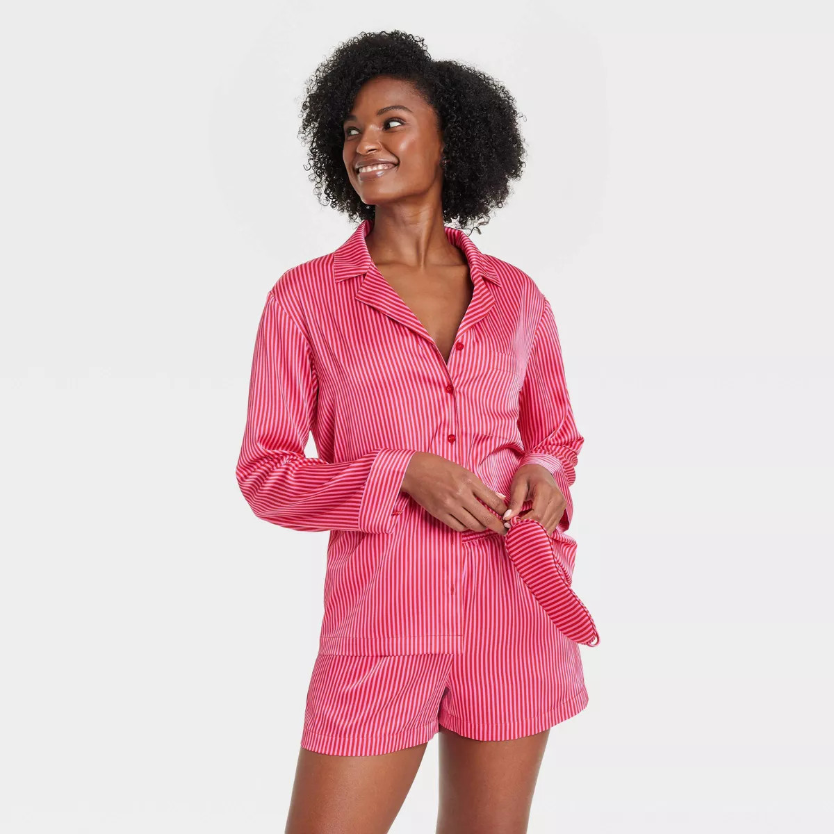 Women's Striped 3pc Satin Long Sleeve Top and Shorts Pajama Set with Eye Mask - Auden™ Red S | Target