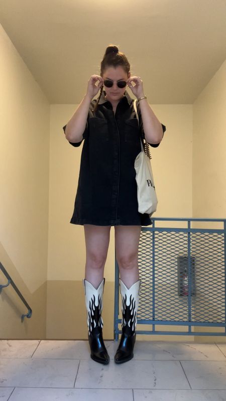  Black and white flame cowboy boots, comfy shoes, ASOS DESIGN short sleeve denim shirt dress in washed black, casual outfit, wear to work, office outfit, Harry styles pleasing canvas tote bag, rayban round sunglasses, gold jewelry from Amazon (hoop earrings, rings)

#LTKstyletip #LTKunder50 #LTKunder100