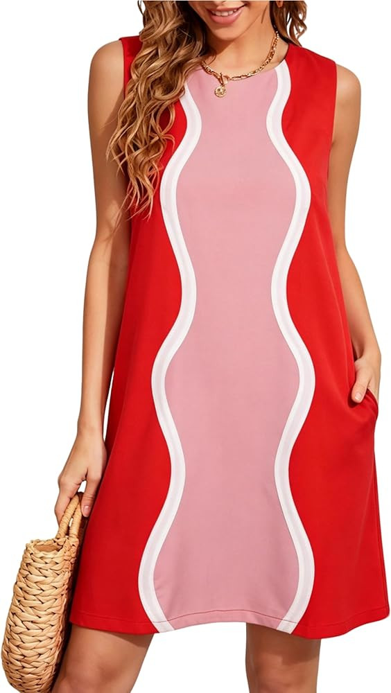 Womens Casual Crewneck Sleeveless Shift Summer Dress Color Block A line Mini Dress Lightweight Be... | Amazon (US)