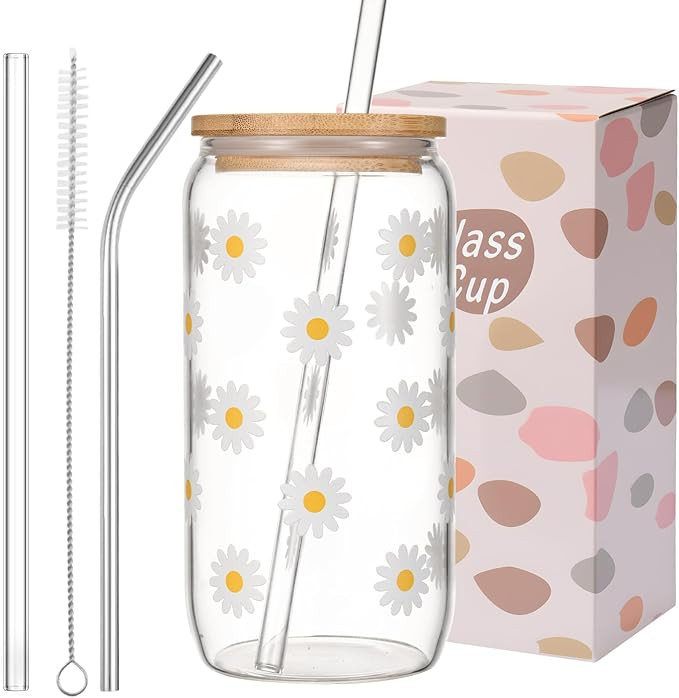 ANABIUP Cute Glass Cups with Lids and Straws, Daisy Flower Iced Coffee Smoothie Matcha Cup Tumble... | Amazon (US)