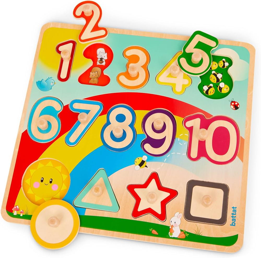 Battat- Wooden Number & Shapes Puzzle- Puzzle n' Learn- Educational Toy for Kids- 2 Years + | Amazon (US)