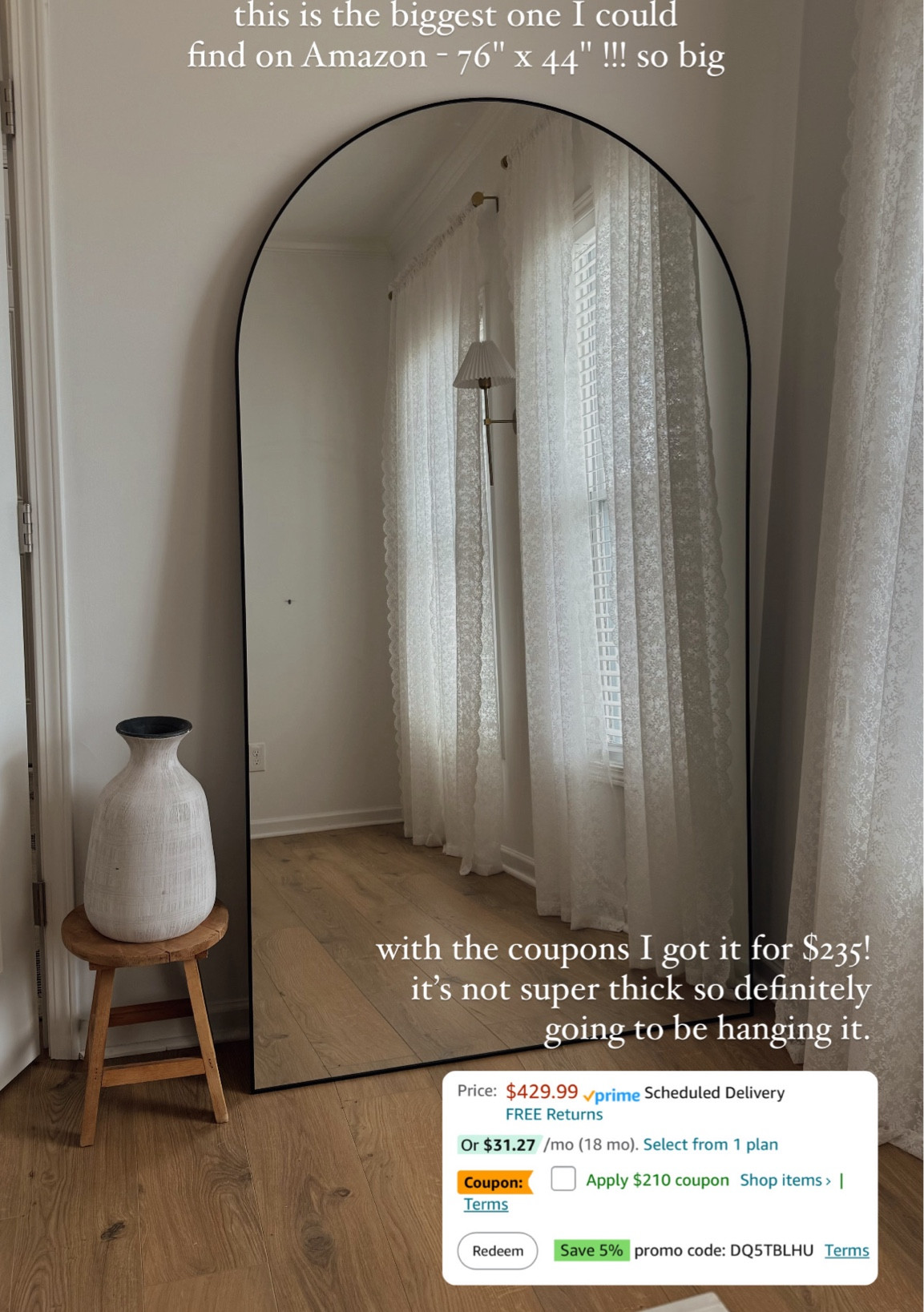 I paid $235 for the 76”x44” Arched Full Body Mirror 🤍 originally over $400 but theres a coupon! 

amazon large floor mirror, amazon arched mirror, xl arched mirror, amazon floor mirror, viral amazon mirror, floor length mirror 

#LTKSeasonal #LTKHome #LTKHoliday