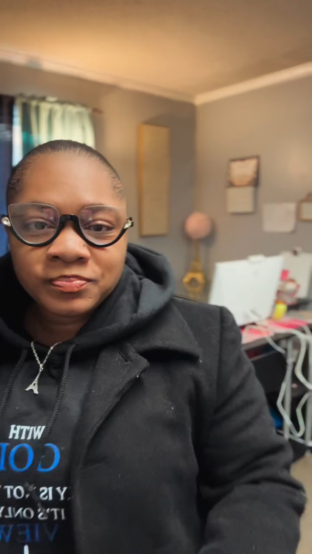 Office OOTD 🤍 Athleisure, but grown.

Hey my luvs, Keeping it simple, clean, and intentional.
Black on black with hints of blue, silver details, and confidence to match.

Getting dressed like the woman I’m becoming…
👓 Glasses: @zeelool 
🧥 Coat: @burlingtondeals 
👚 Hoodie: @virell_fashion 
👖 Sweatpants: @walmartstyle 
👟 Sneakers: @nike 
👜 Purse:  @burlingtondeals 
💅 Nails: @kissnails Black & Silver set ✨ Pressed by DeH

Fragrances: @a.scustomfragranceoils & Yara