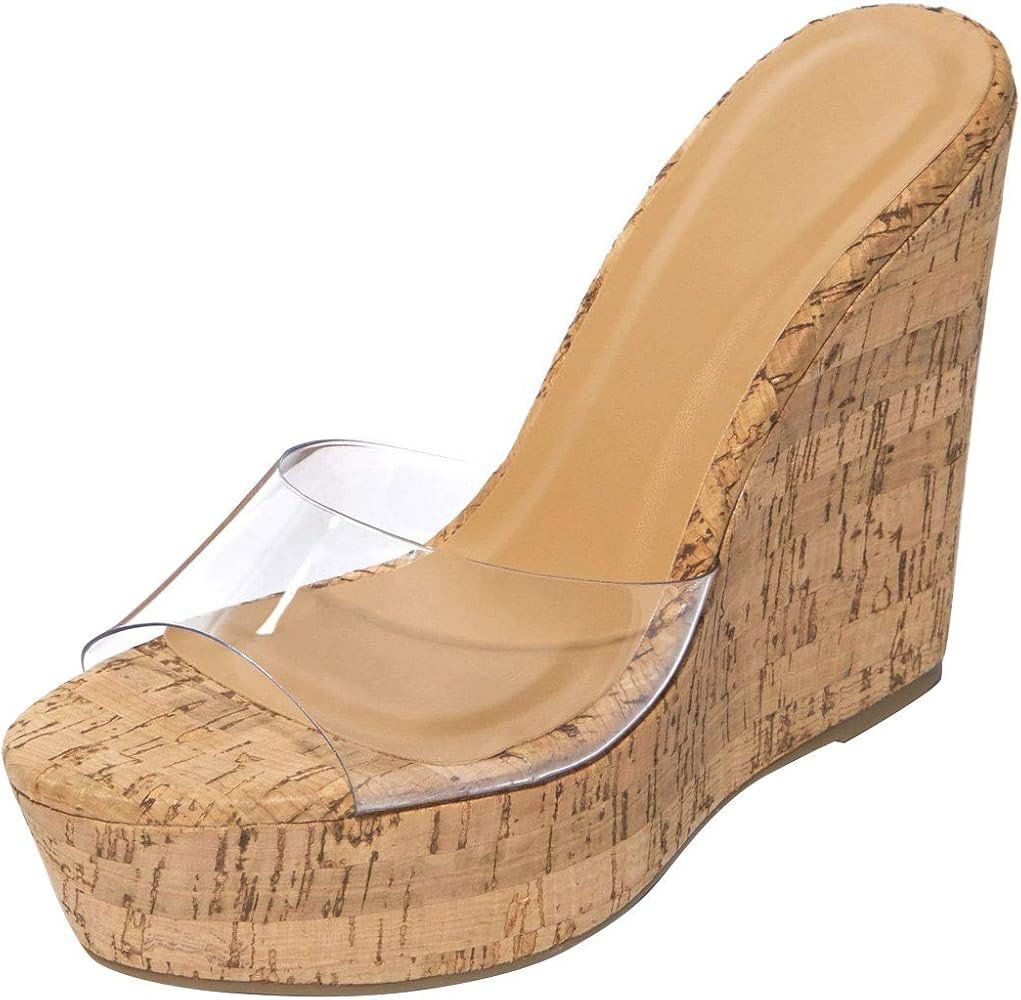 BAMBOO Women's Lucite Clear Wedge Heel Open Toe Slip On Mule Dress Shoe | Amazon (US)