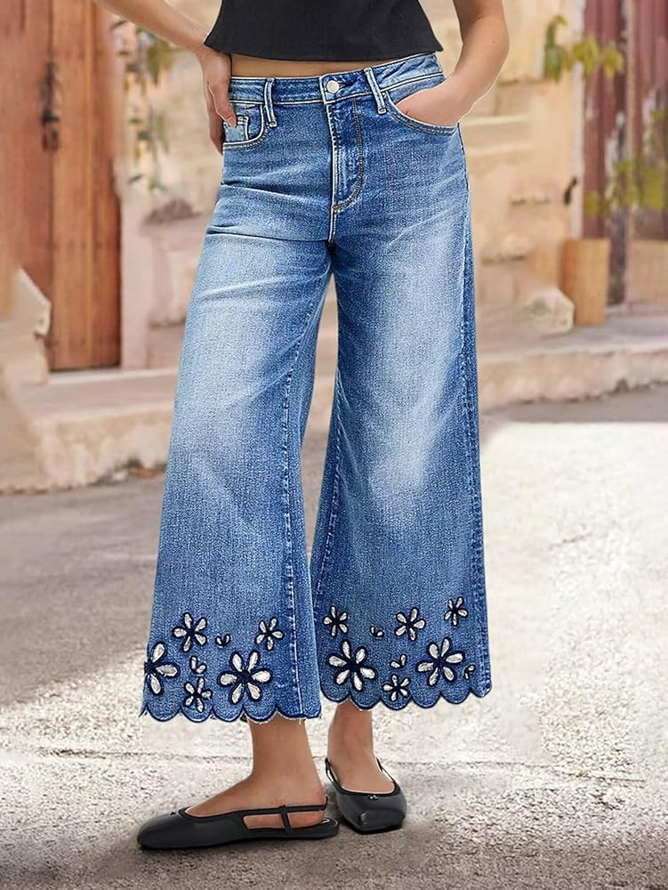Flamingals Women's Floral Embroidery Wide Leg Jeans Mid Rise Strechy Casual Trendy Denim Cropped ... | Amazon (US)