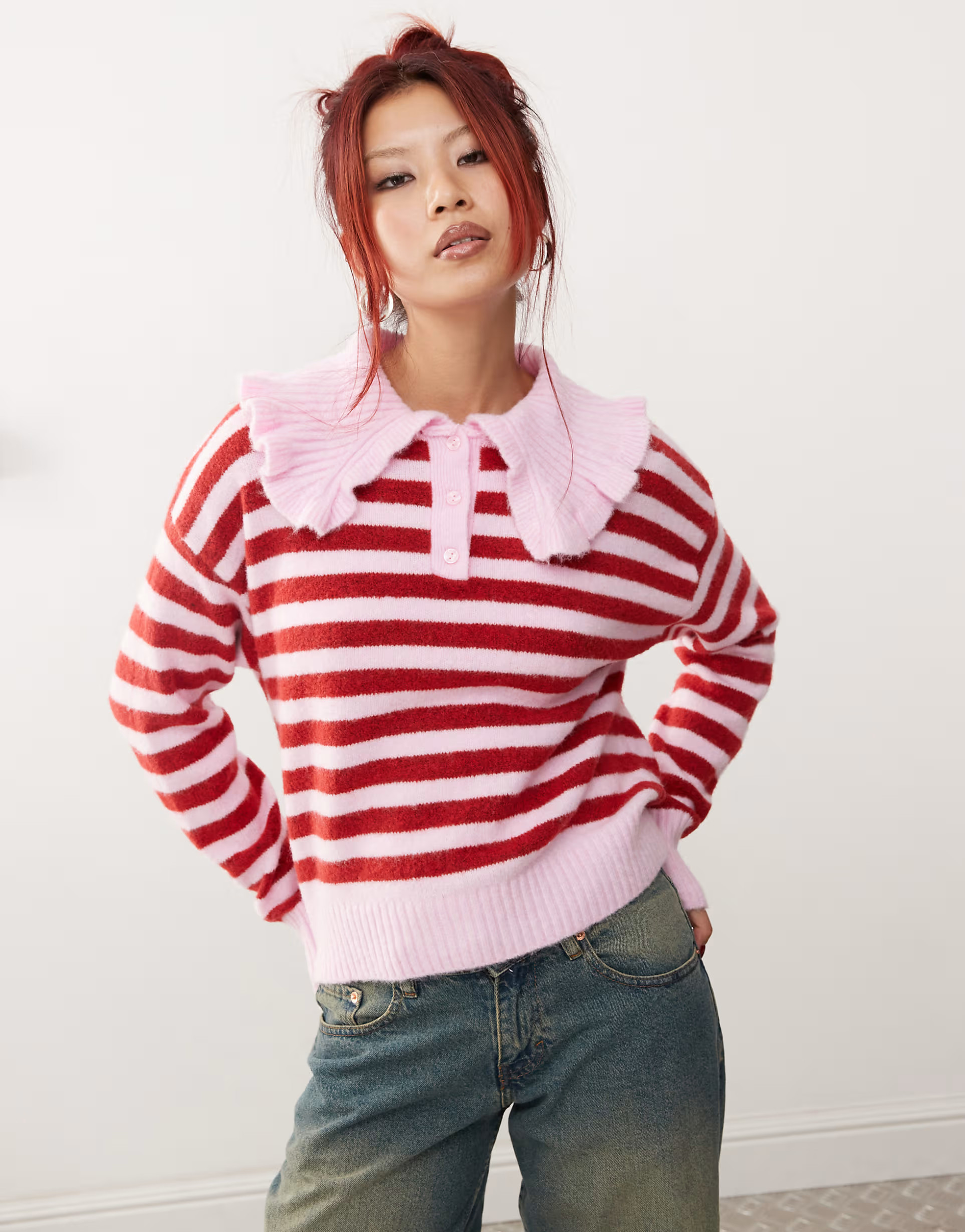Monki long sleeve collar polo knitted sweater in pink stripe | ASOS | ASOS (Global)