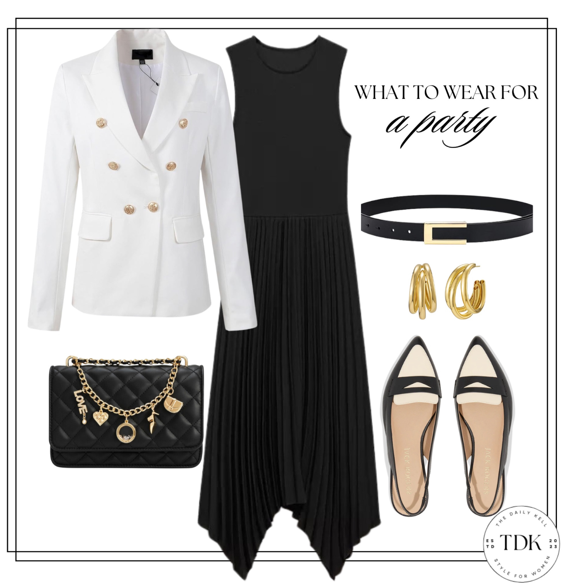 A white blazer adds instant elegance over a black dress. 

The gold accessories make everything pop. The slingback adds some interest tying in the black and white. 

Accentuate your silhouette by adding a slim belt for that perfectly cinched waist.

#LTKOver40 #LTKStyleTip #LTKParties