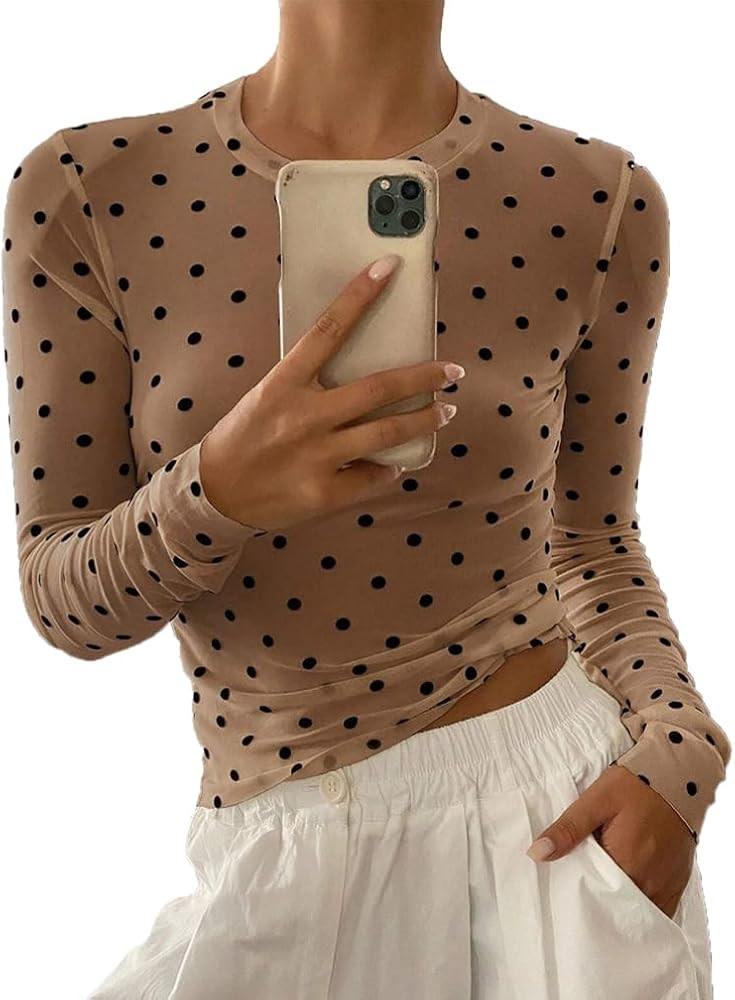 Women Trendy Crew Neck Polka Dot Sheer Mesh Blouse Sexy Slim Fit Long Sleeve See Through Crop Shi... | Amazon (US)